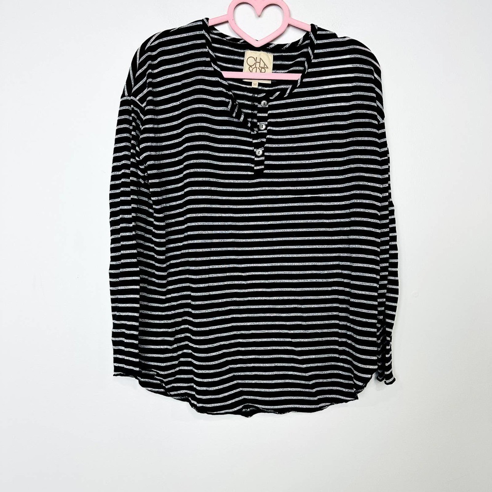 Chaser NWT Stripes Long Sleeve Oversized Tunic Knit Henley Tee Black Size Medium